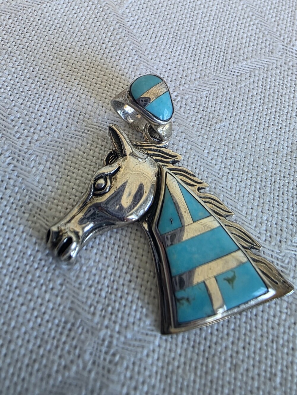 Sterling Silver And Turquoise Inlay Horse Head Pendant Necklace - Unbranded